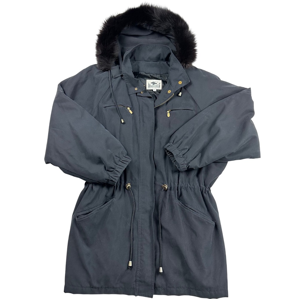 Damselle‎ New York Made in USA Womens Black Faux Fur Hooded Parka Jacket Large